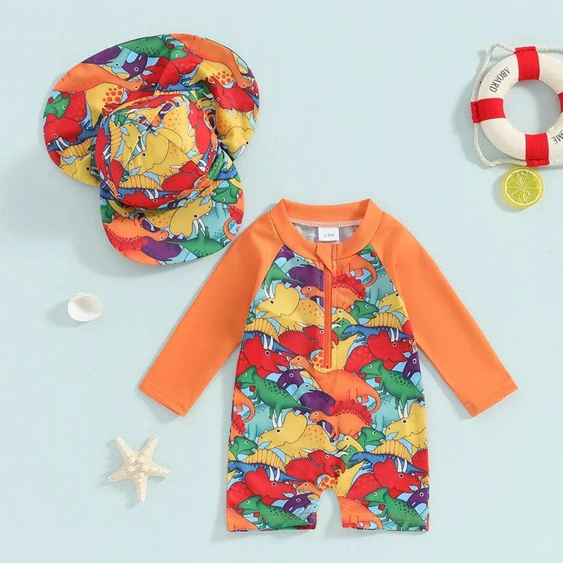 Toddler Boy Long Sleeve Swimsuit with Sun Hat - Image 3