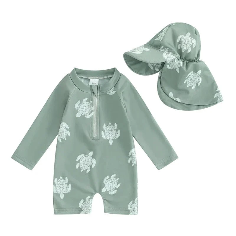 Toddler Boy Long Sleeve Swimsuit with Sun Hat - Image 8